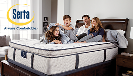 Family on bed with Serta Logo